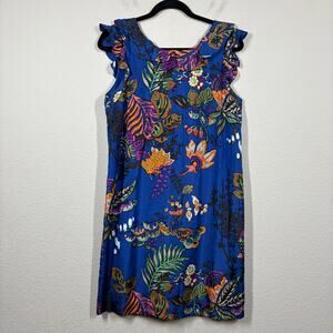 J Crew Size 8 Silk Mini Shift Dress Blue Floral Tropical Ruffled Sleeves V Back
